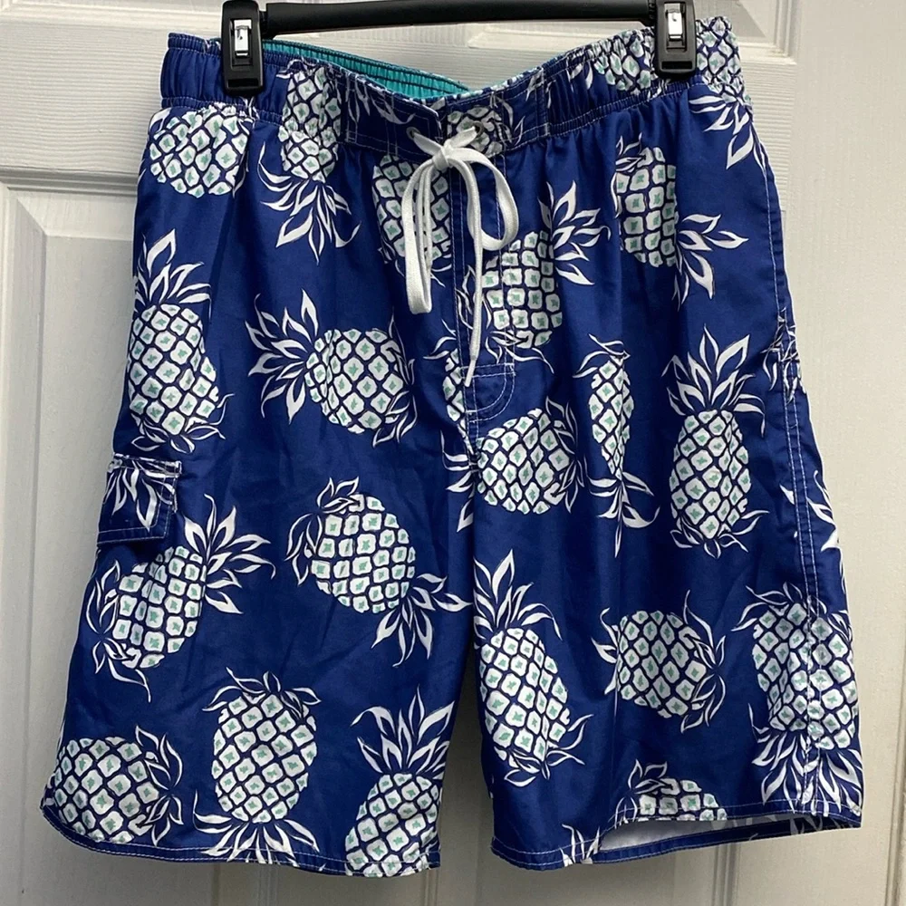Newport Blue Beachside Pineapple Design Swim Trunks Medi…